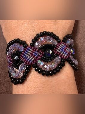Hand Crafted Black and Purple Beaded Macramé Bracelet